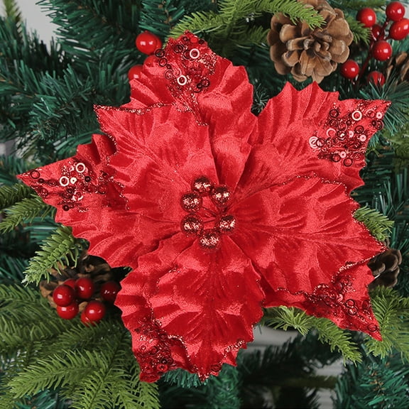 Christmas Flowers, Artificial Silk Flowers, Xmas Tree Wreath Decoration, Glitter Red White Gold Poinsettia Blooms for Home Holiday Party Wedding New Year Festive Decor