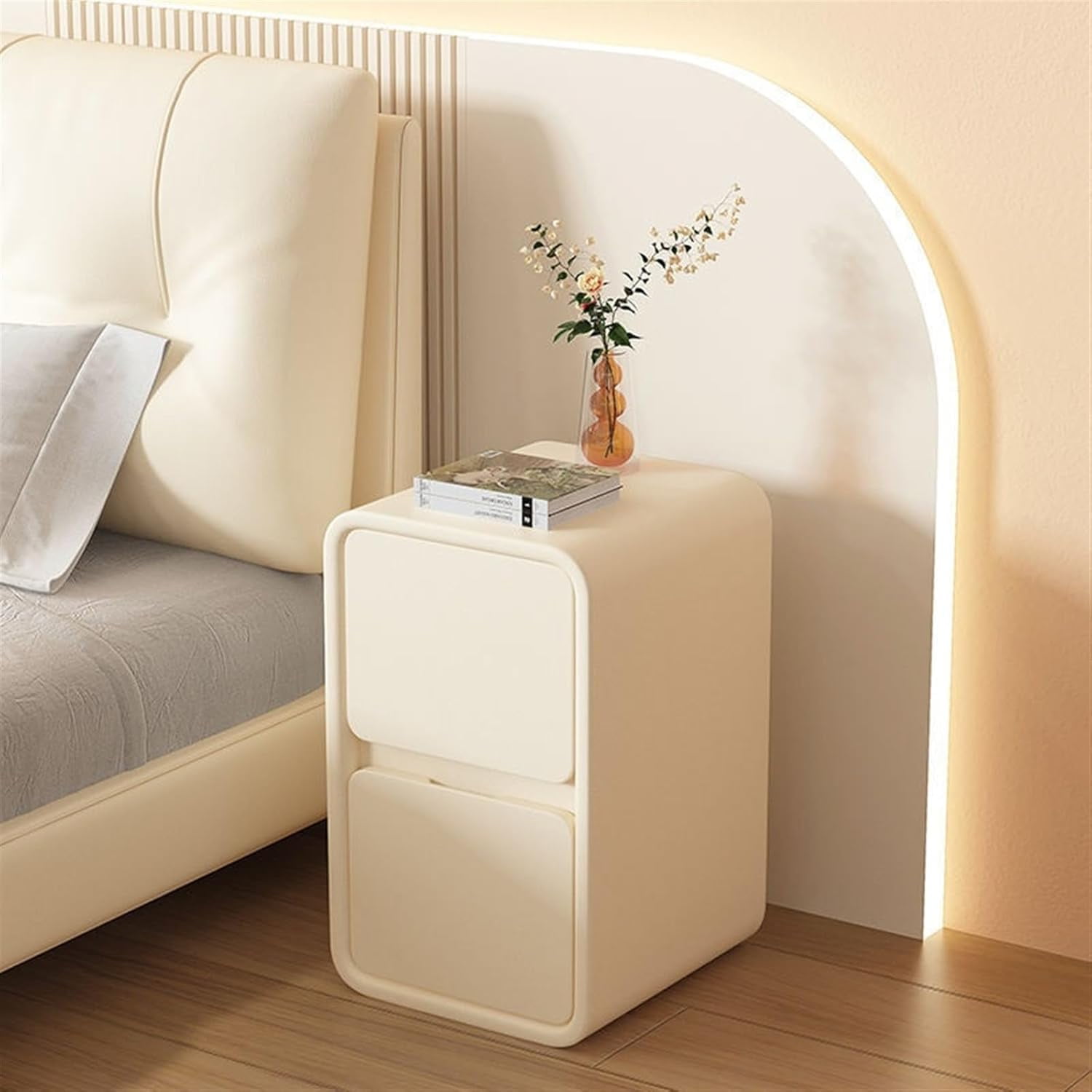 Lot De 2 Tables De Chevet Avec Tiroir Et LED - Étagère Ouverte, Velours Beige, 40x31x50 Cm - Modernes Et Pratiques Pour Chambre Ou Salon - 7