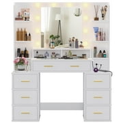 Afuhokles Glass Top Vanity Desk with Mirror and Lights, Makeup Vanity with Lights, Charging Station, 8 Drawers, Acrylic Dividers and Shelves, White