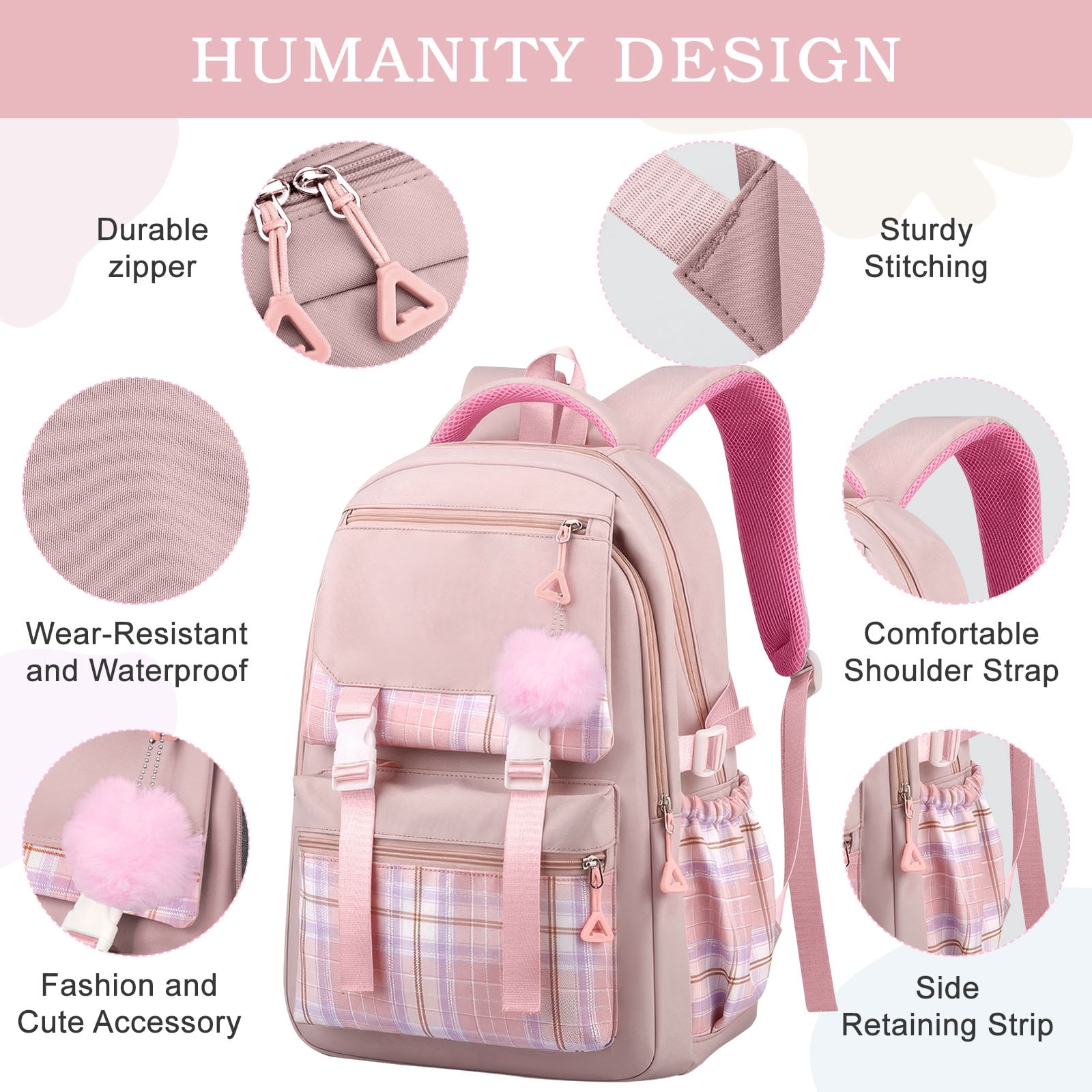 DAKIMOE Pink School Backpack for School, Travel, Work, Large Capacity Waterproof Bookbag with 7 Compartments and Luggage Belt