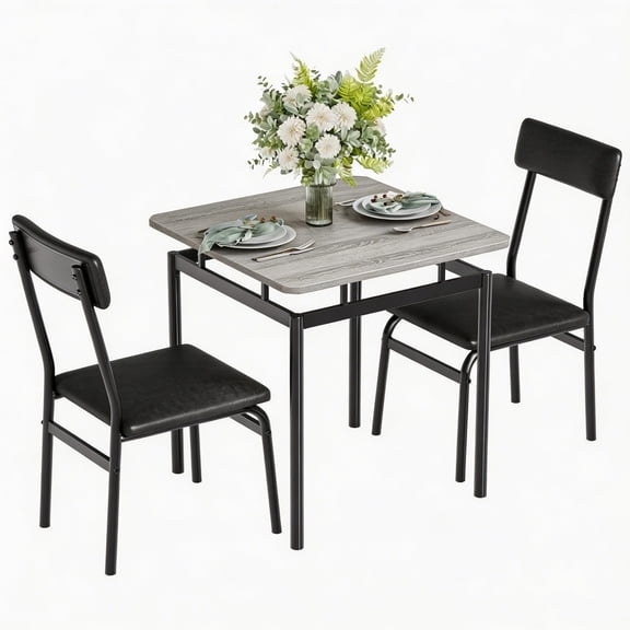 Space-Saving 3 Piece Dining Table Set for 2 Sturdy Metal Frame Wooden Table 2 PU Upholstered Chairs, Modern Industrial Kitchen Dining Room Furniture for Apartments Small Spaces Black