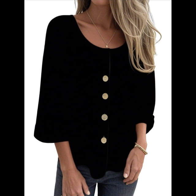 Blusas de para Mujer, Cuello en V, Mangas 3/4, Abotonadas, Sueltas, Informales, Lisas, Tipo Túnica. Negro S