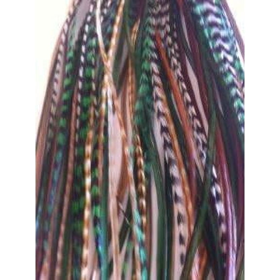 Green, Brown & Grizzly Remix 6-12 Feathers for Hair Extension Includes 2 Silicon Micro Beads.