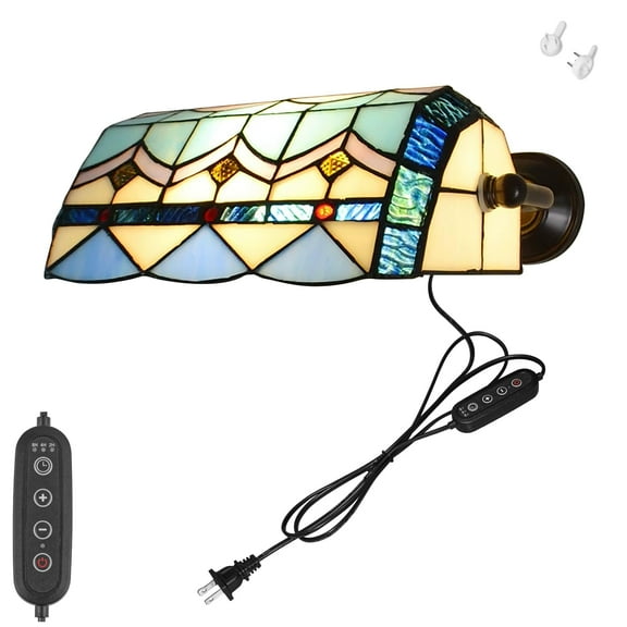 Kiven Dimmable Wall Sconce with Timing and Pull Chain Switch, Green Glass Bankers Lighting Fixture with Plug-in Cord,Vintage Library Lamp for Bedside, Office, Study Room BD1924-1