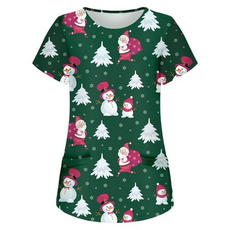 

Gallickan Scrub Top for Women Stretch Women Short Sleeve Tops Working Uniform Christmas Printed Pocket Blouse Fashion Deals under $15 Sale