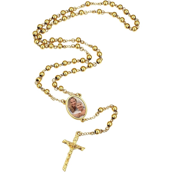 Personalized Rosary Necklace for Women Men with Photo & Text,Stainless Steel Custom Rosary Bead Catholic Cross Y Chain Necklace,Memorial Christian Jewelry Gift