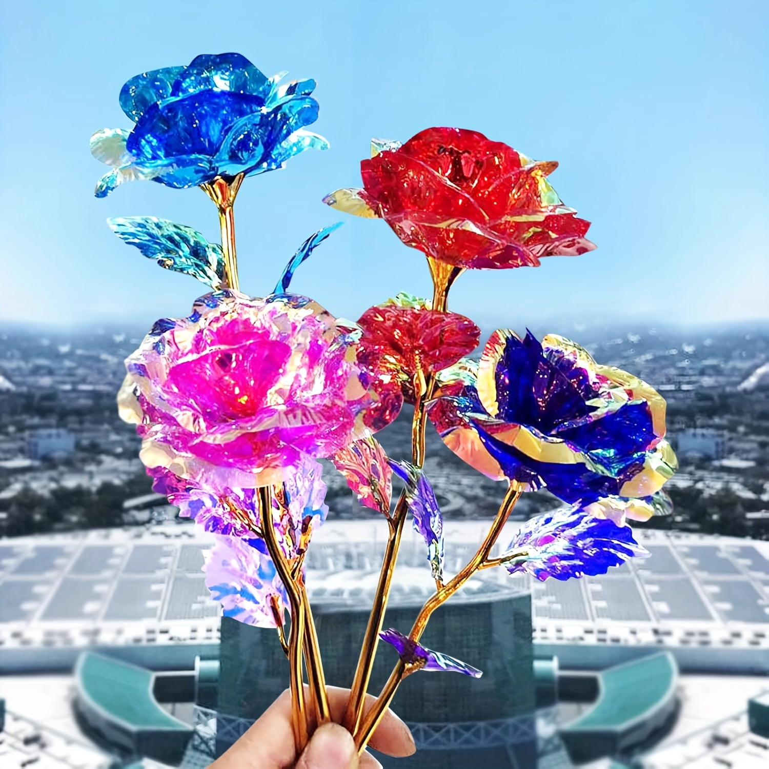 18 Pcs Galaxy Rose Artificial Roses - Sparkly Iridescent Plastic Roses Bulk, Colorful Rainbow Forever Flowers Bouquet, Ideal Valentine Roses Bulk for Wedding, Mother's Day and Birthday Gifts