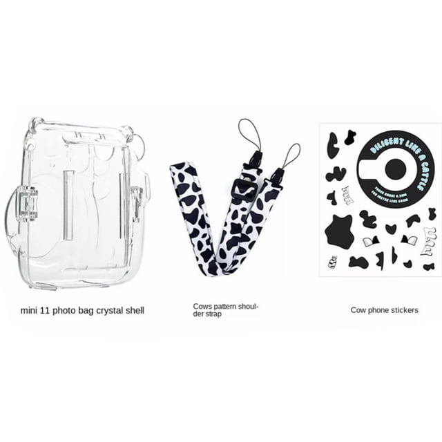 For Fujifilm Instax Mini 11 Camera - 3-in-1 Clear Crystal Protective Case Set with Photo Pocket, Shoulder Strap & Stickers, Transparent Hard Shell