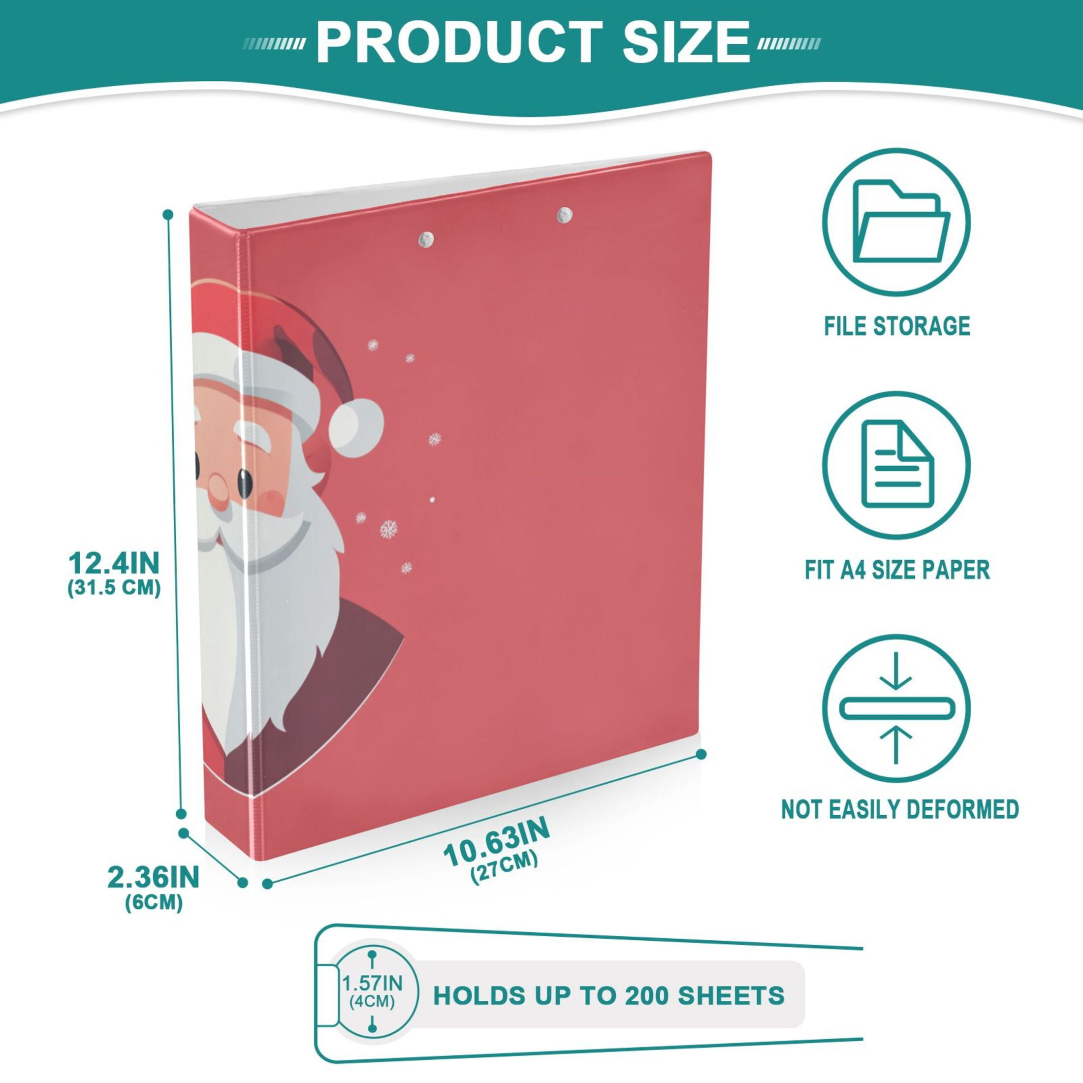 Cute Santa Claus Christmas 3 Ring Binders 1.5 inch Hardcover File Folders with Interior Pockets A4 Size Organizer for School Office Hospital