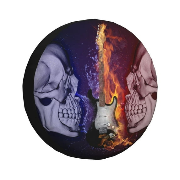 DouZhe Waterproof Spare Tire Cover, Ice Fire Guitar Skull Prints Adjustable Wheel Covers Fit for Jeep Trailer RV SUV Car, 14 inch