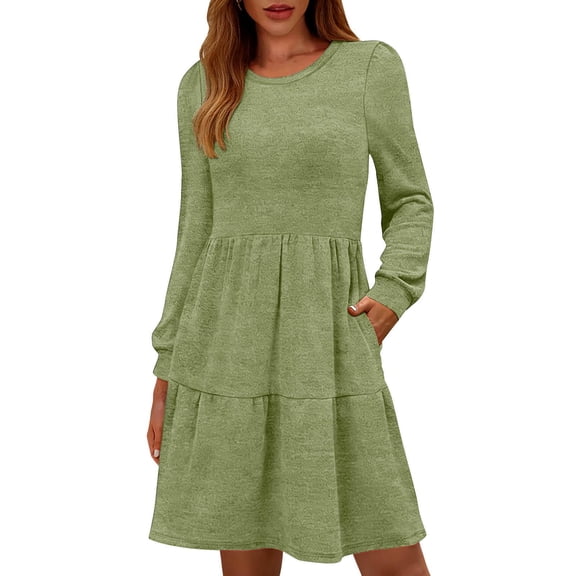 Tdoqot Womens Cotton Dresses with Pockets- Ruffle Long Sleeve Stretch Casual Midi Dress Spring Dresses Green