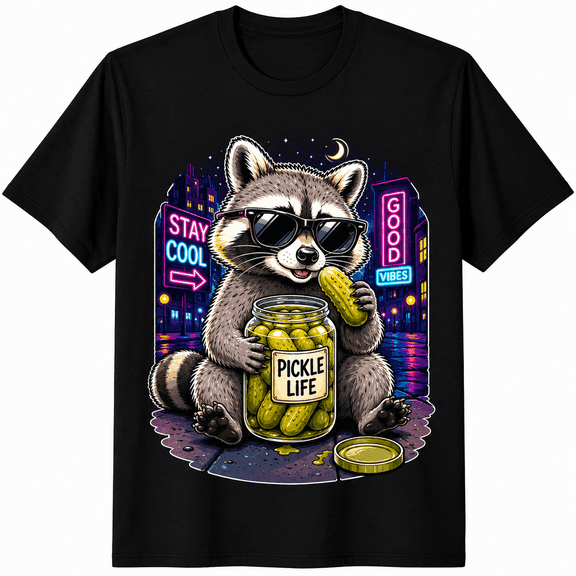 Funny Raccoon Pickle Shirt for Adults Vintage Cool Sunglasses Raccoon Graphic Tee Cute Trash Panda Lover T Shirt Humorous Animal Meme Tee Unisex Casual Short Sleeve Gift for Men Women