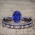 thumbnail image 2 of JeenMata 1.5 ct Oval Lab Created Blue Sapphire Wedding Ring - Vintage Design Trio Bridal Ring Set - 18K Black Gold over Silver, 2 of 6