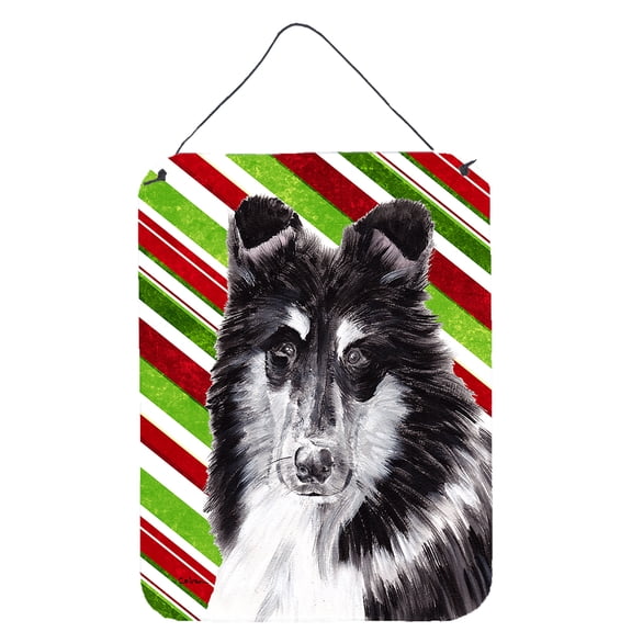 Black and White Collie Candy Cane Christmas Wall or Door Hanging Prints