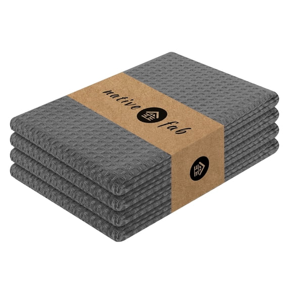 Native Fab Waffle Cotton Kitchen Towels 16x26 - Dishcloths Set with Hanging Loop Set of 4 - Grey