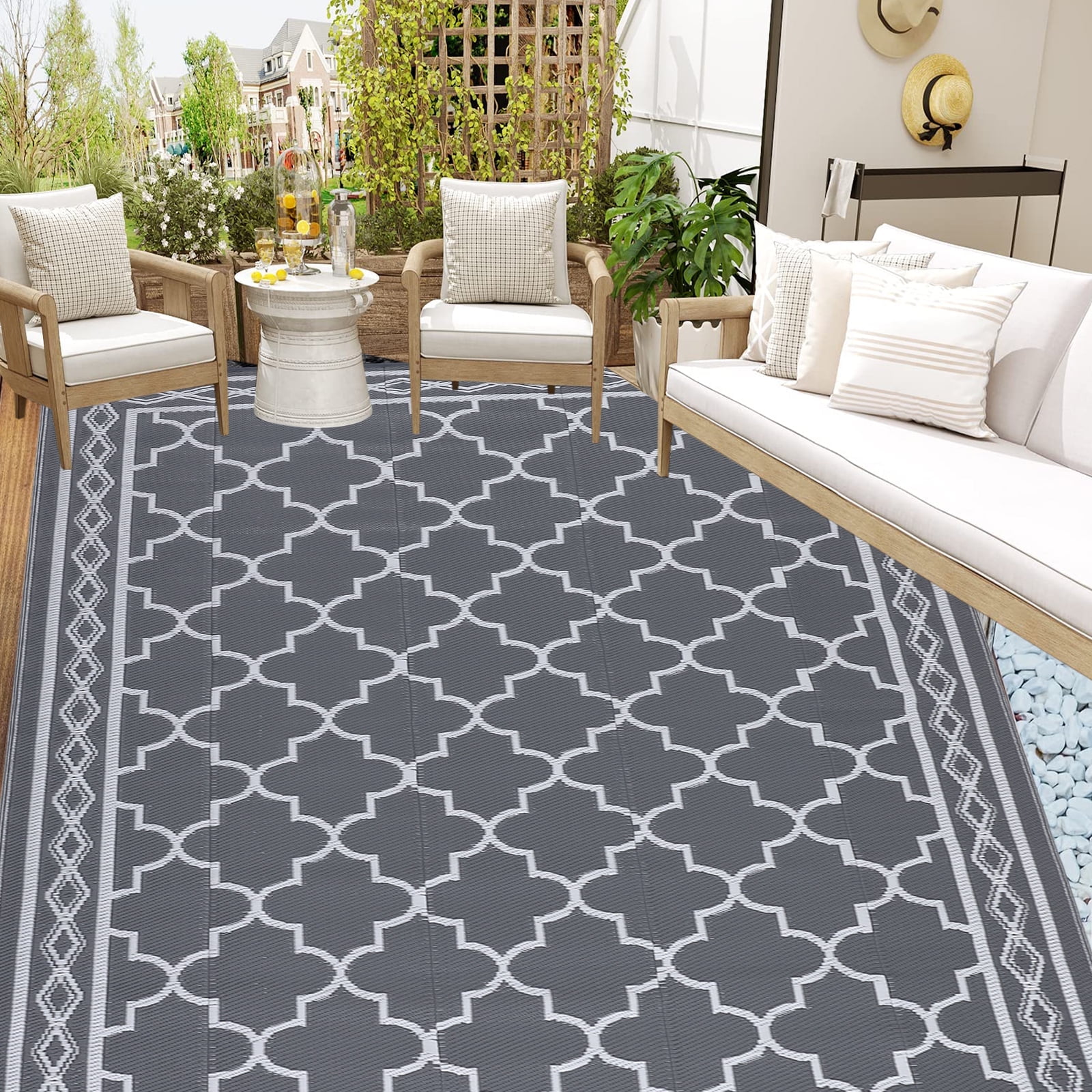 Twister.CK Outdoor Rug 10x14ft Waterproof for Patios, Plastic Straw Rug Camping Carpet Mats for Picnic, Backyard, Deck, Balcony, Porch, Beach, Gray & White
