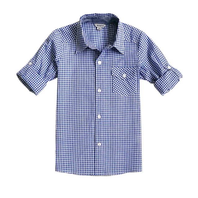 Bienzoe Big Boy's Cotton Check Roll Up Button Down Sports Shirts,Darkblue,9/10