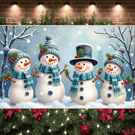 Snowman Design Snowman Banner Plaid Scarf Winter Display Pine Branch Red Berries Christmas Backdrop for Christmas Party Home Decoration Holiday Gathering