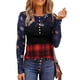 thumbnail image 1 of Camisa de empalme con estampado navideño Top de empalme a cuadros con bloques de color de manga larga y cuello redondo delgado a la moda para otoño Azul L, 1 of 5