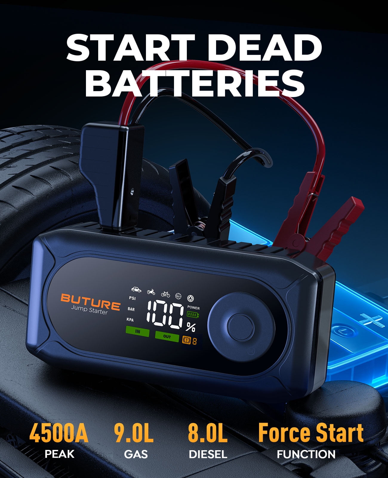 BUTURE 4500A Car Jump Starter with Air Compressor, 12V Battery Booster, Jump Box for 9.0L Gas/8.0L Diesel, 150PSI Digital Tire Inflator, Power Bank