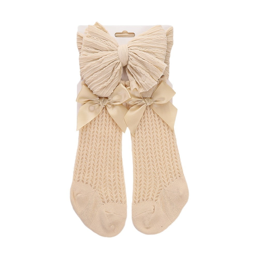Dalrosia Baby Girls Knee High Socks with Bow Headband Cotton Socks Tube Ruffled Stockings Newborn Infant Toddler 0-3Years