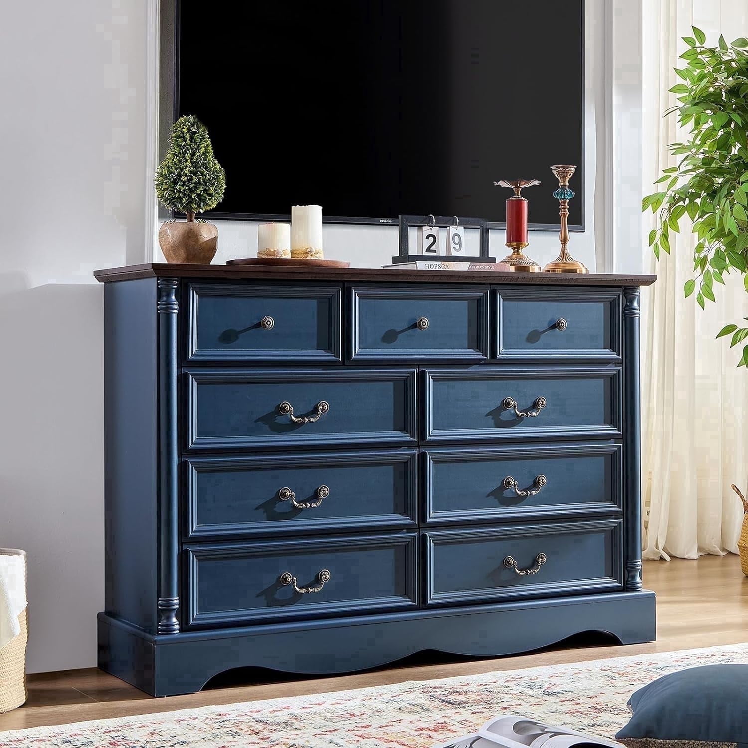 9 Drawer Dresser, 54 Inch Wide Farmhouse Style Chest of Drawers with Charging Station, Distressed Finish Design, Modern Storage Dresser Organizer TV Stand for Bedroom, Living Room，Blue