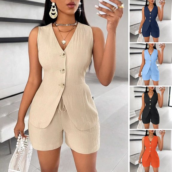 Joernso Women's Summer 2 Piece Outfits Sleeveless V Neck Button Down Vest Top Lace-up Shorts Set Casual Office Lady Business Suit