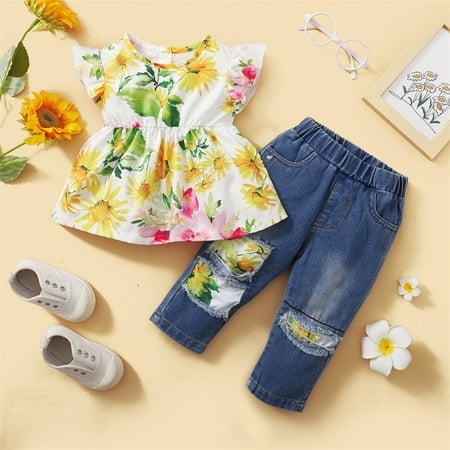

nsendm Sunflower Set Kids Toddler Denim Floral Tops Pants Outfits Ruffle Baby Girls Girls Outfits&Set for Teen Girls Outfits Childrenscostume Yellow 4-5 Years