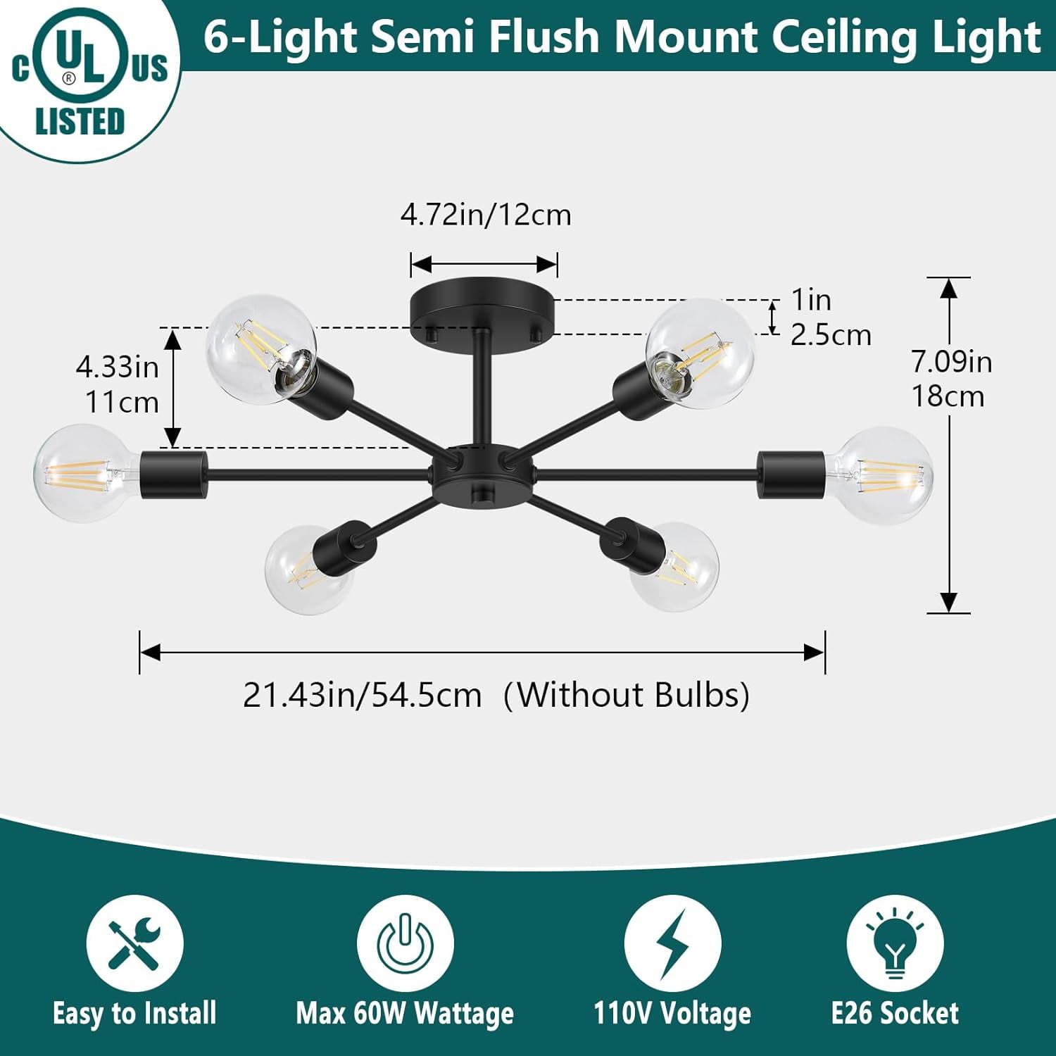 Semi Flush Mount Ceiling Lights 6 Light Matte Black Sputnik Chandelier Kitchen Light Fixtures Dining Room Light Modern Ceiling Lights for Dining Bedroom Living Room (Exclude Bulb)