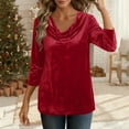 thumbnail image 6 of Women's Velvet T Shirts 3/4 Length Sleeve Solid Shirt Cowl Neck Drape Ruched Front Long Sleeve Blouses Tops, 6 of 7
