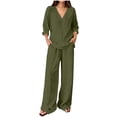 thumbnail image 2 of Bloomae Women's Loungewear Set 2 Piece Cotton Linen V Neck Long Sleeve Shirt & Wide Leg Pants with Pockets Lightweight Casual Solid Color Loose Fit Summer Outfit Army Green M, 2 of 7
