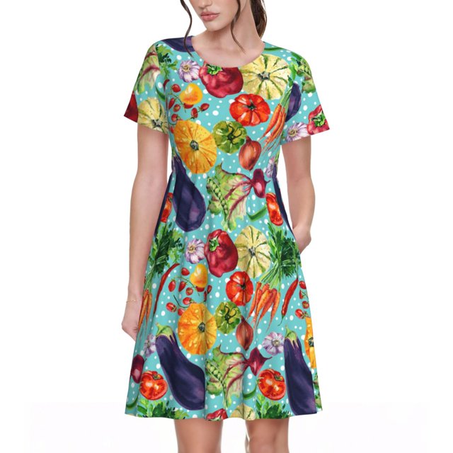 Easygdp Vegetable (2) para Vestido Transpirable de Mujer, Vestido Suelto de Manga Corta con Pliegues y Bolsillos para el Verano