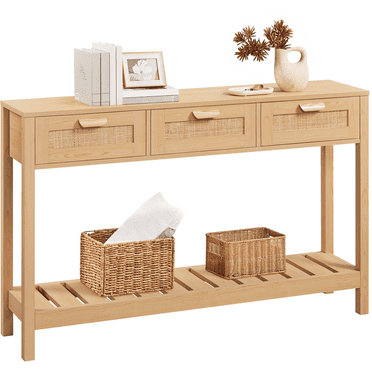 Alden Design 3 Drawer Rattan Dotted Console Table with Bottom Shelf, Light Brown