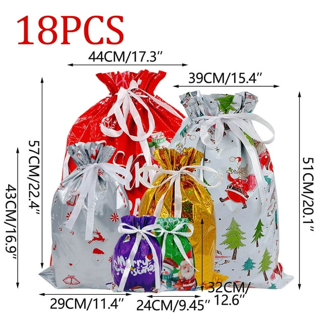 Christmas Drawstring Gift Bags Set - 18pcs Colorful Drawstring Foil Bags Featuring Festive Christmas Designs