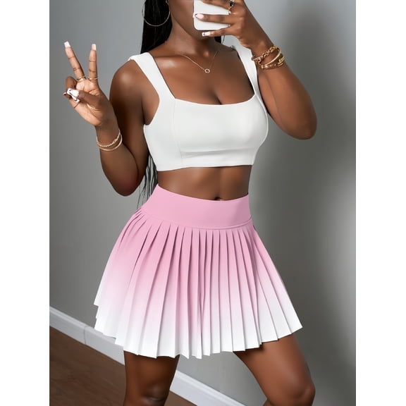 Tennis dress, spring and summer new faux two-piece anti-exposure gradient pleated skirt, fashionable high-waisted sports fitness yoga short skirt, pink (medium size)