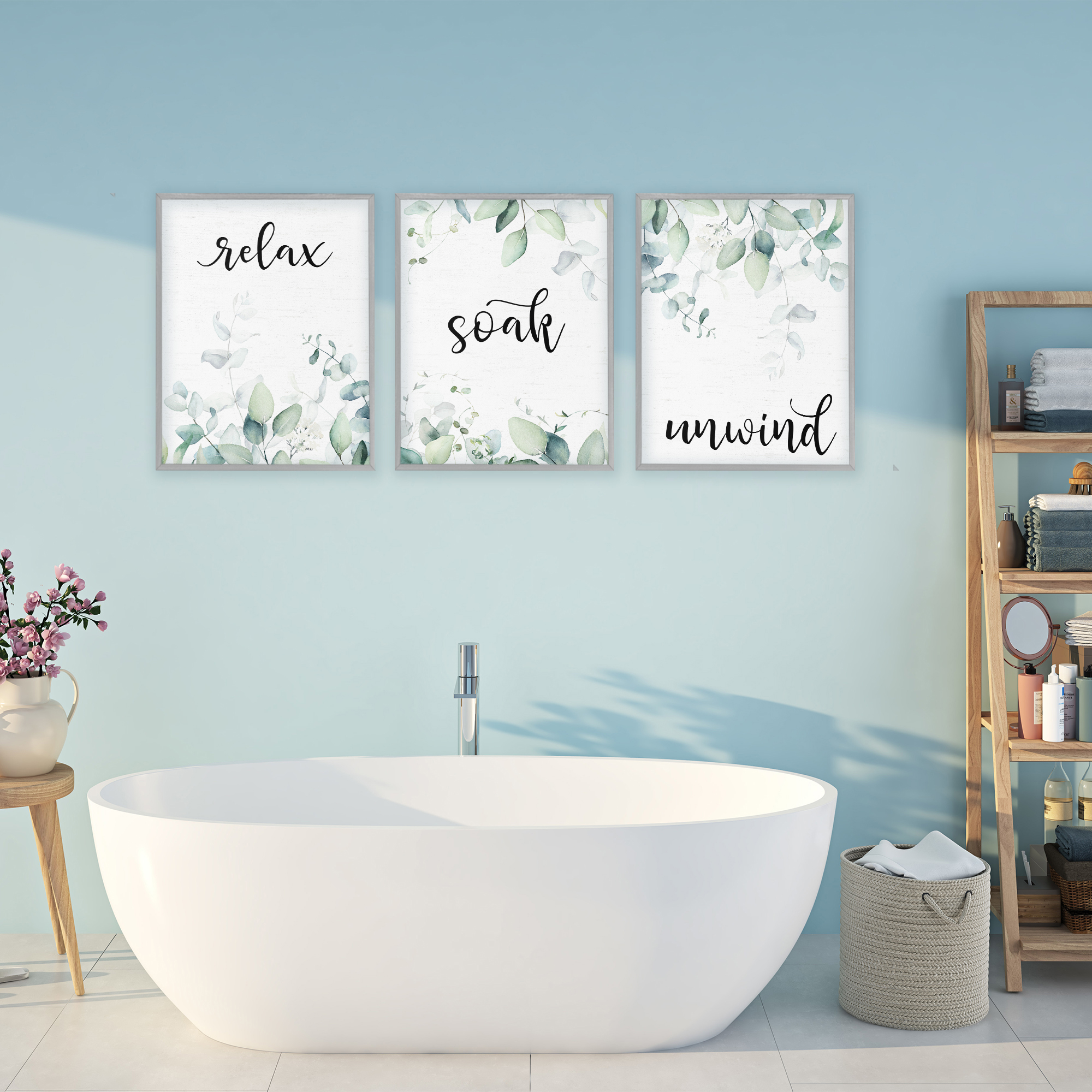 Leafy Bathroom Herbs 3 Piece Gray Framed Giclee Art Set, design by Lettered and Lined