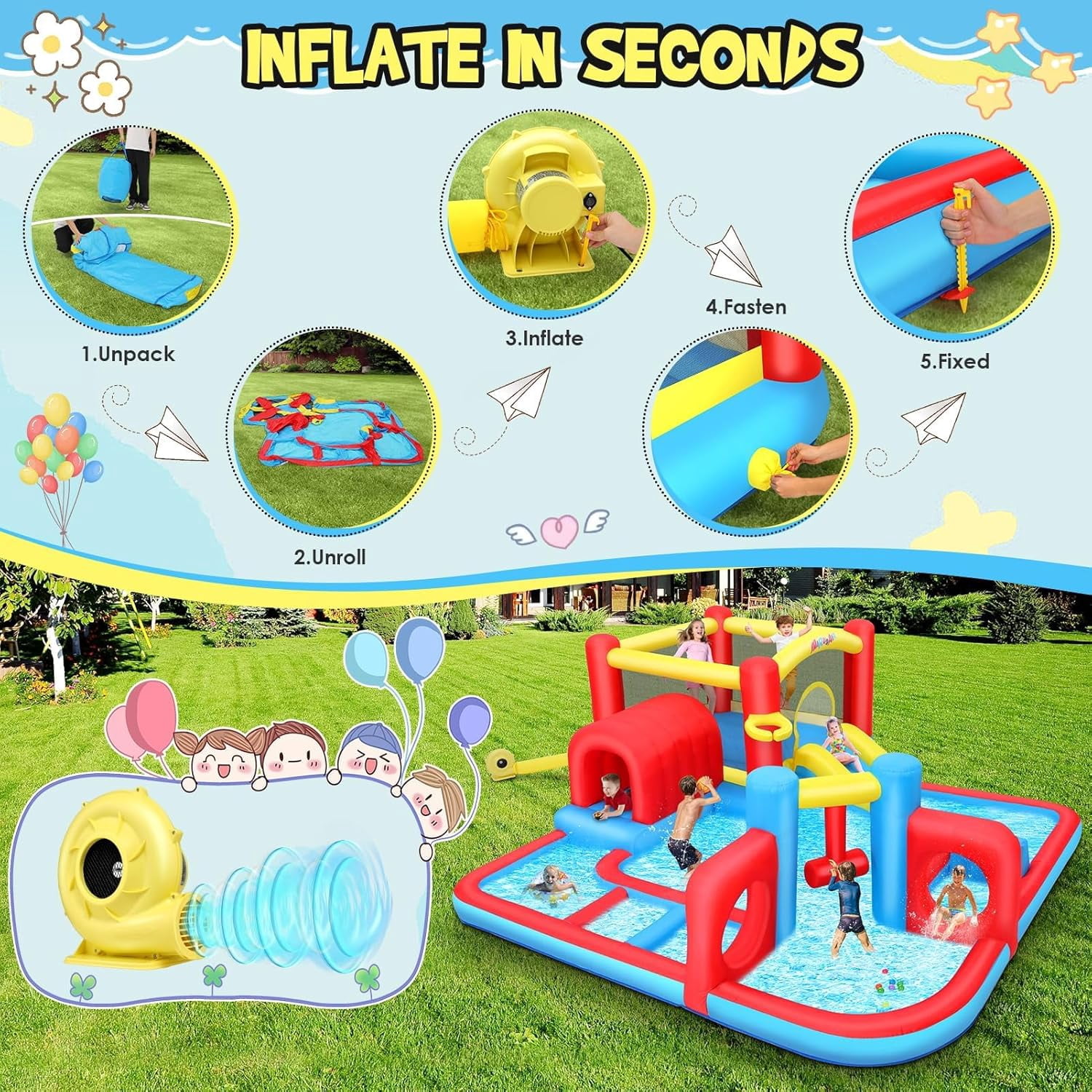Inflatable Water Slide, Kids Bounce House Castle Splash Pool for 3-8, Backyard Bouncy Castle with 520W Blower,Basketball Hoop,Jumping Area, Obstacle and Tunnel