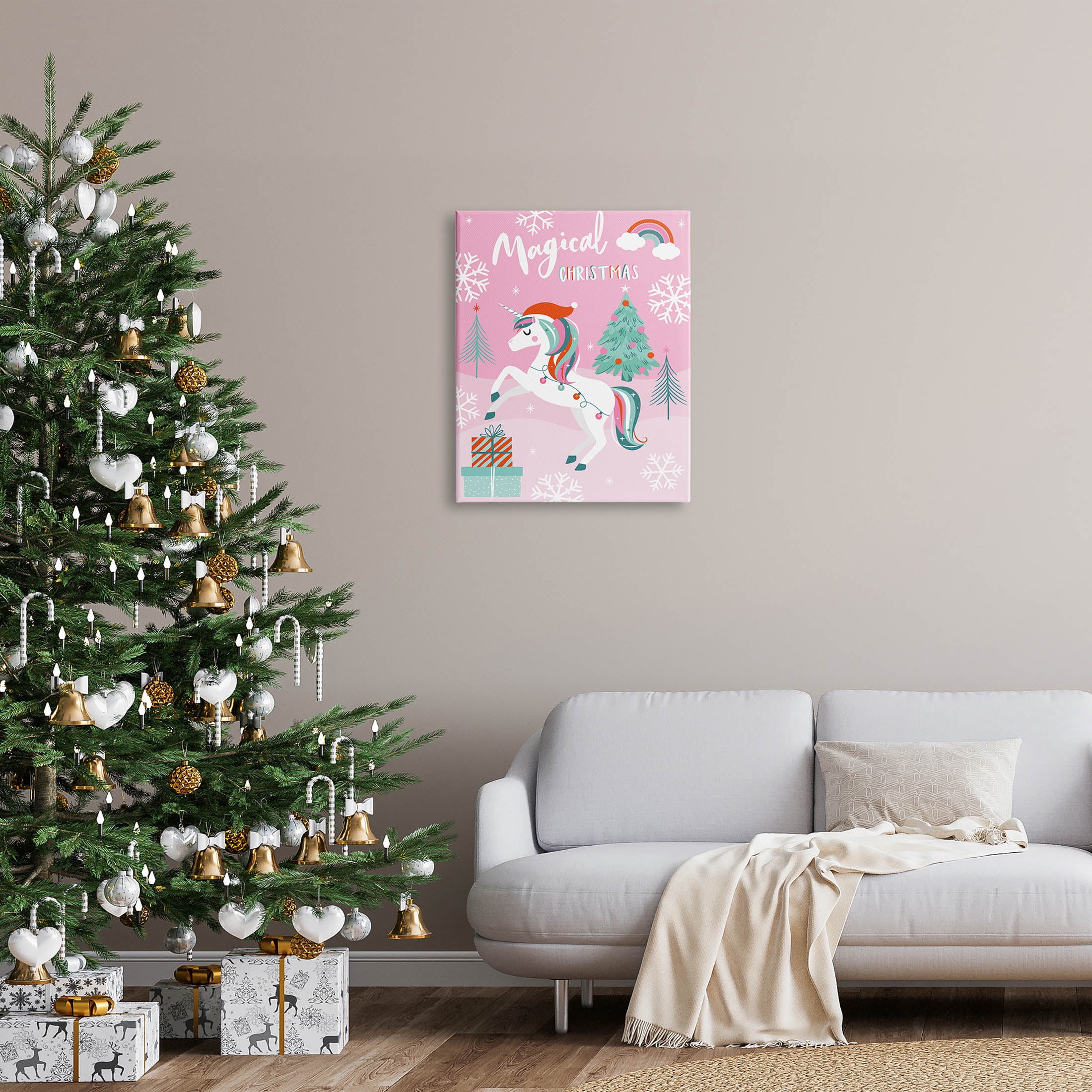 Magical Christmas Pink Unicorn Holiday Graphic Art Gallery Wrapped Canvas Print Wall Art
