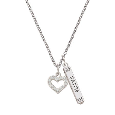 Delight Jewelry Silvertone Crystal Open Heart Silvertone Believe Faith Prayer Hope Bar Charm Necklace, 23"