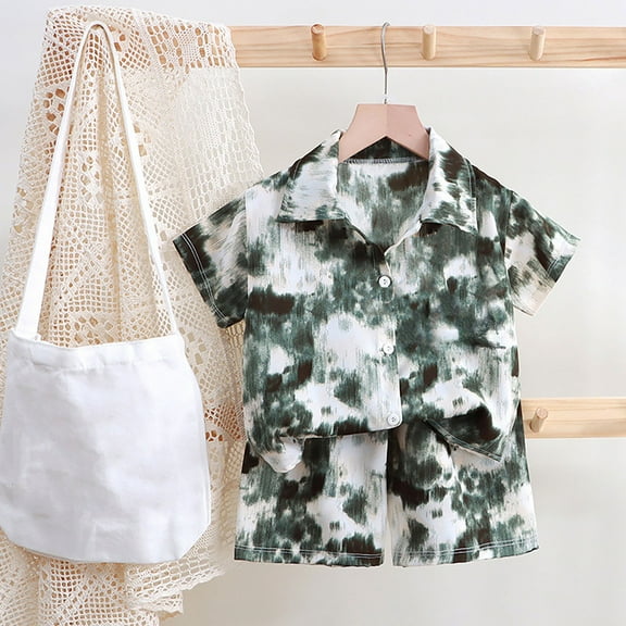 Mqqzkk Boy's Summer 2 Piece Outfits Boho Color Print Short Sleeve Button -Down Shirt and Shorts Set Formal Clothes For Kid 2-15 Years Old