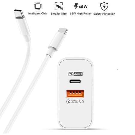 USB C Charger  Dual Port 65W PD Power Wall GaN PPS Fast Charger with 6FT USC Cable for Xiaomi Poco M3 - GaN Fast 3.0 Charger White