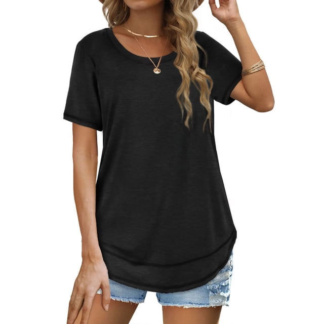 Camiseta con cuello redondo, holgada, transpirable, dobladillo curvo, camiseta con cuello redondo, manga corta informal para mujer