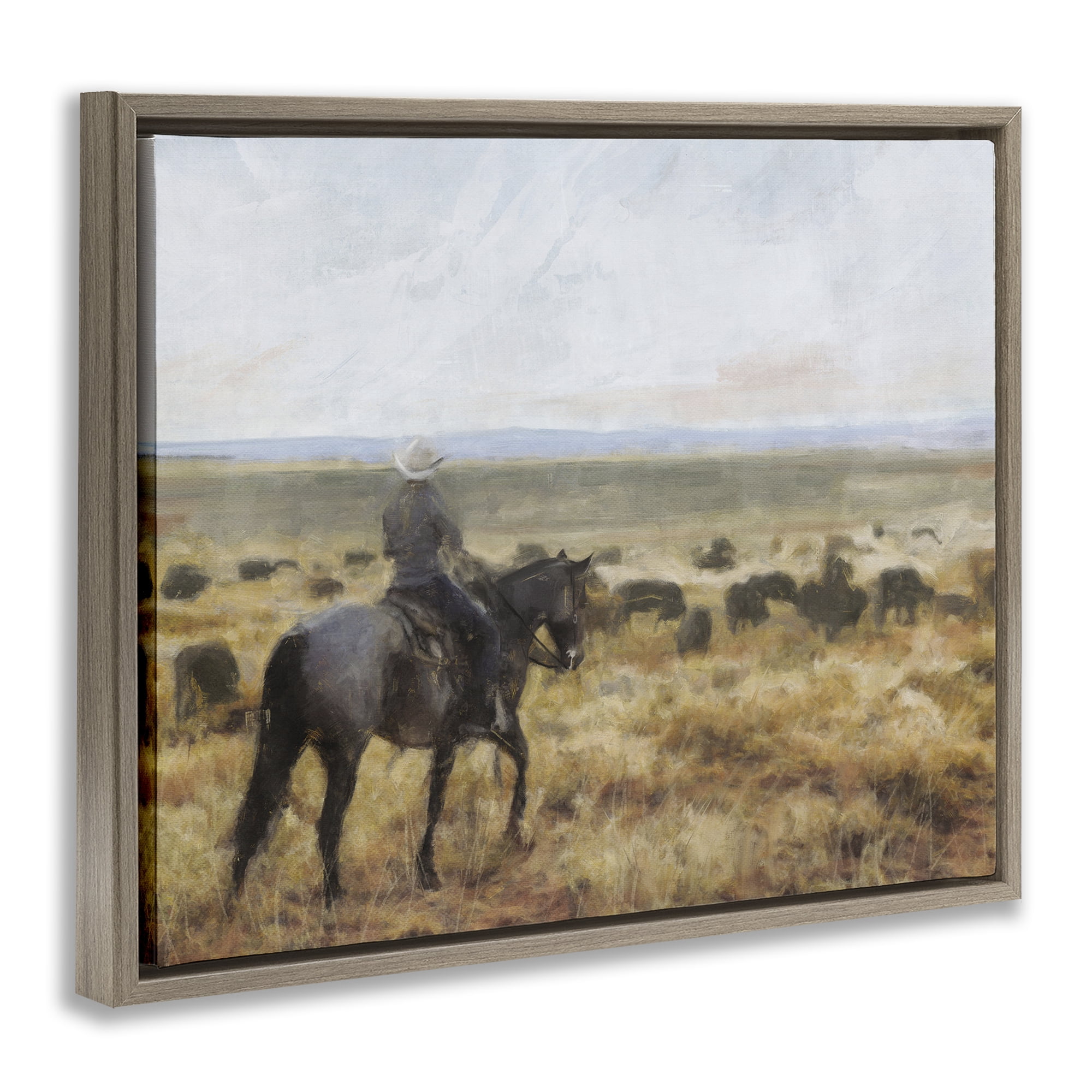 Stupell Industries On The Range Cowboy Landscape Painting Brown Floater Framed Canvas Art Print Wall Art, 21 x 17