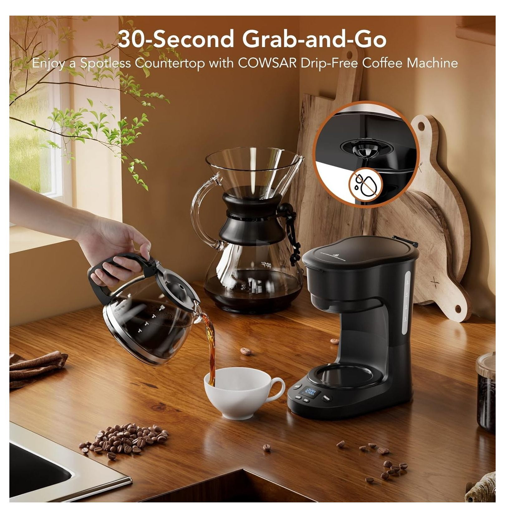 Compact Coffee Maker 5 Cup, Drip Coffee Machine with Timer, Auto Shut Off, Keep Warm, Pause & Brew, Reusable Filter, Drip-Free Carafe, Black