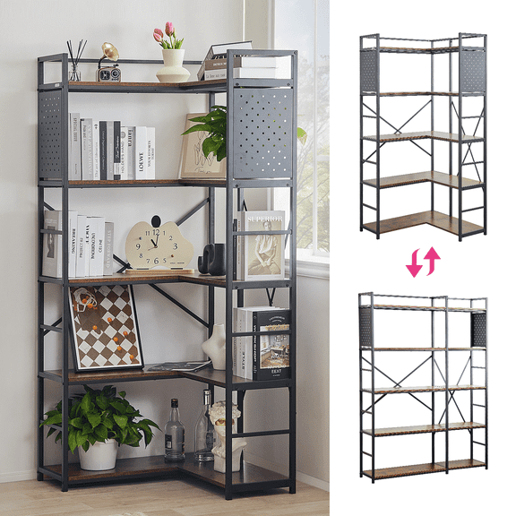 Redlife 5 Tier Convertible Display Bookshelf Industrial Corner Bookcases with Metal Frame & Storage Pegboard for Living Room, Office (Rustic Brown)