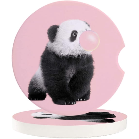 FMSHPON Panda Blowing Bubbles Pink Set of 6 Car Coaster for Drinks, Absorbent Ceramic Stone Coasters Cup Mat with Cork Base for Home Kitchen Room Coffee Table Bar Decor