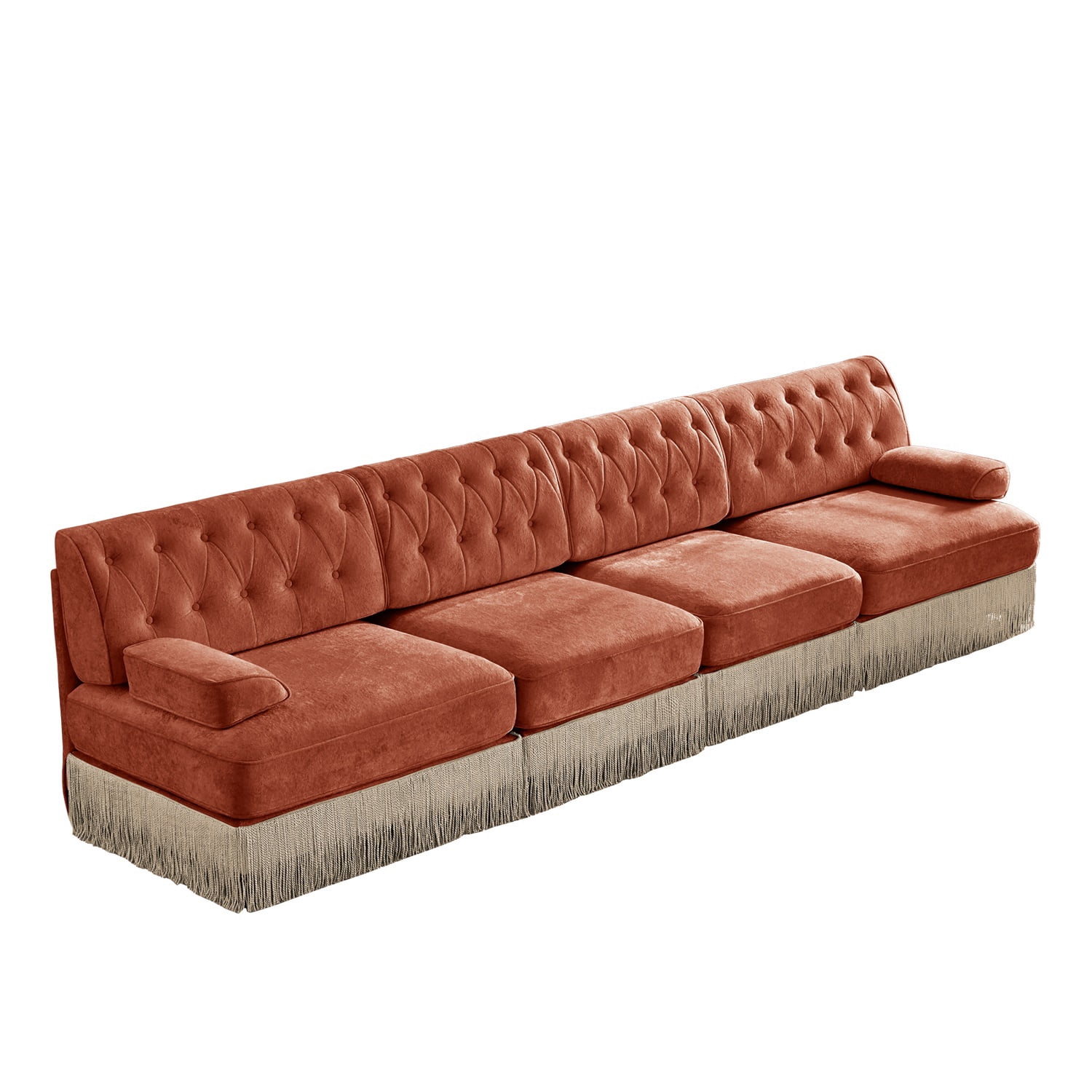 Hommoo 4-Seater Chesterfield Style Velvet Fabric Sofa Couch set, Tufted Button Upholstered Design and Floor-grazing Tassel, Free Combination Sectional Sofa, for Home, Red Brown