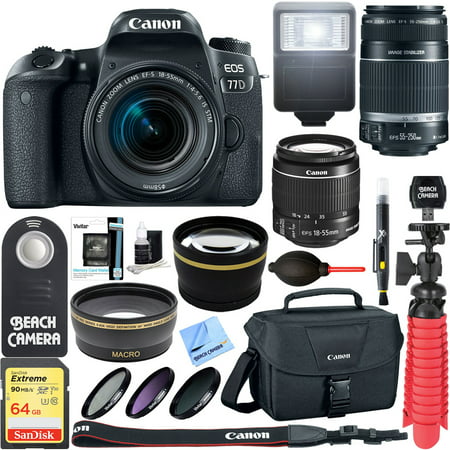 Canon EOS 77D 24.2 MP DSLR Camera + 18-55mm IS STM & 55-250mm IS II Lens Kit + Accessory Bundle 64GB SDXC Memory + DSLR Photo Bag + Wide Angle Lens + 2x Telephoto Lens