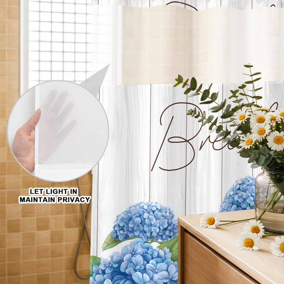 No Hook Shower Curtain with Built-in Rings - Farmhouse Floral Washable Waterproof Fabric Bathroom Curtains for Hotel,Rentals, Stall 36 X 78 Inch , Inspirational Quote Breathe Hydrangeas Blue