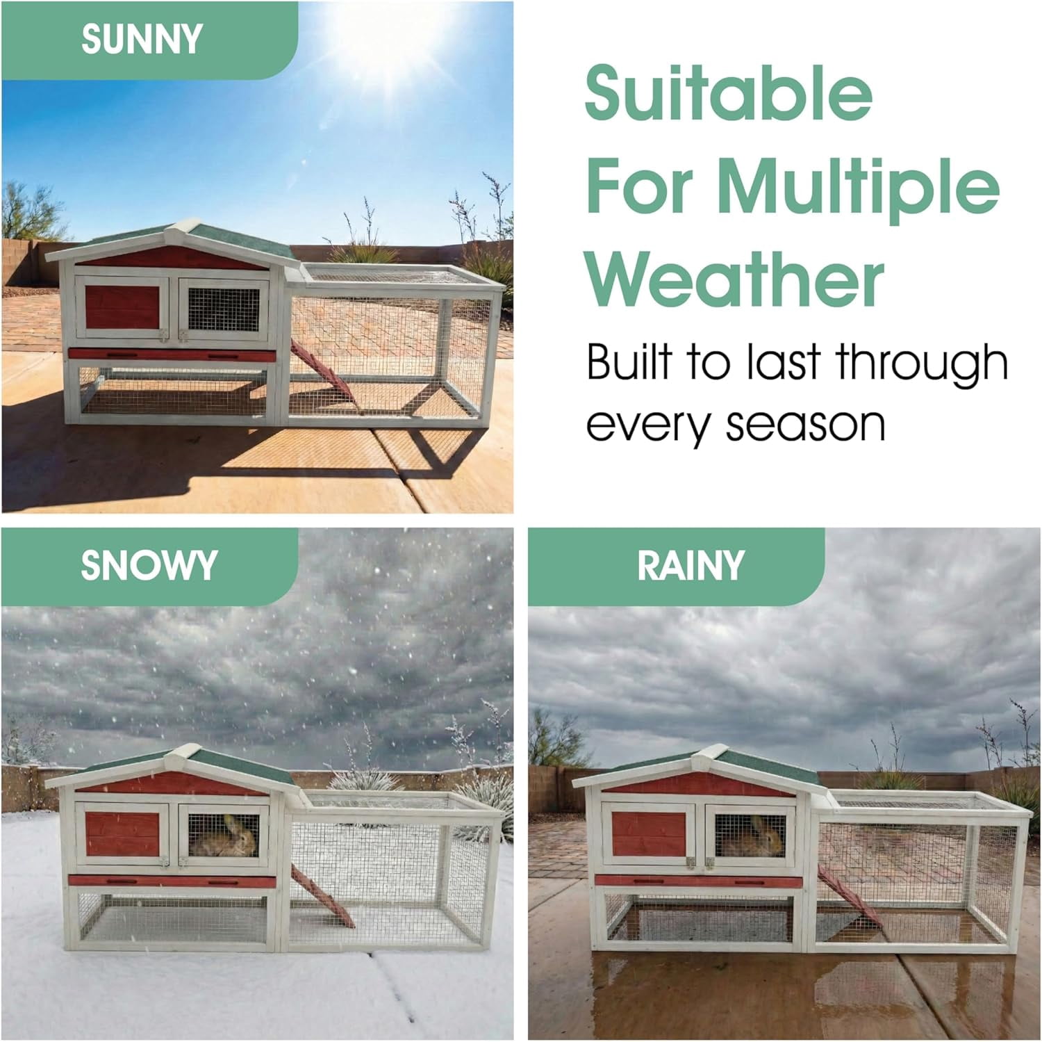 Wooden Rabbit Hutch Indoor and Outdoor, Large Rabbit Cage Chicken Coop Expandable, Weatherproof Bunny Cage with Anti-Chew Metal Frame Ramp for Backyard Small Animals Rufous, White